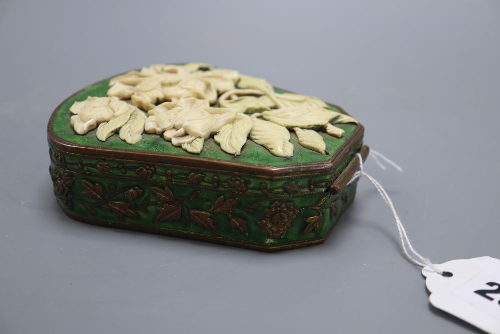 A 19th century Chinese ivory, brass and green enamel box, length 13cm